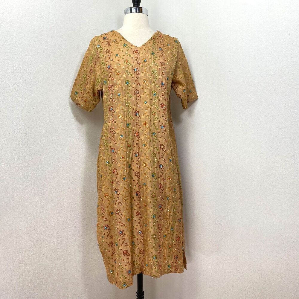 Ethnic Handmade India Beaded Tunic Dress Gold Lined Short Sleeves Festival Med